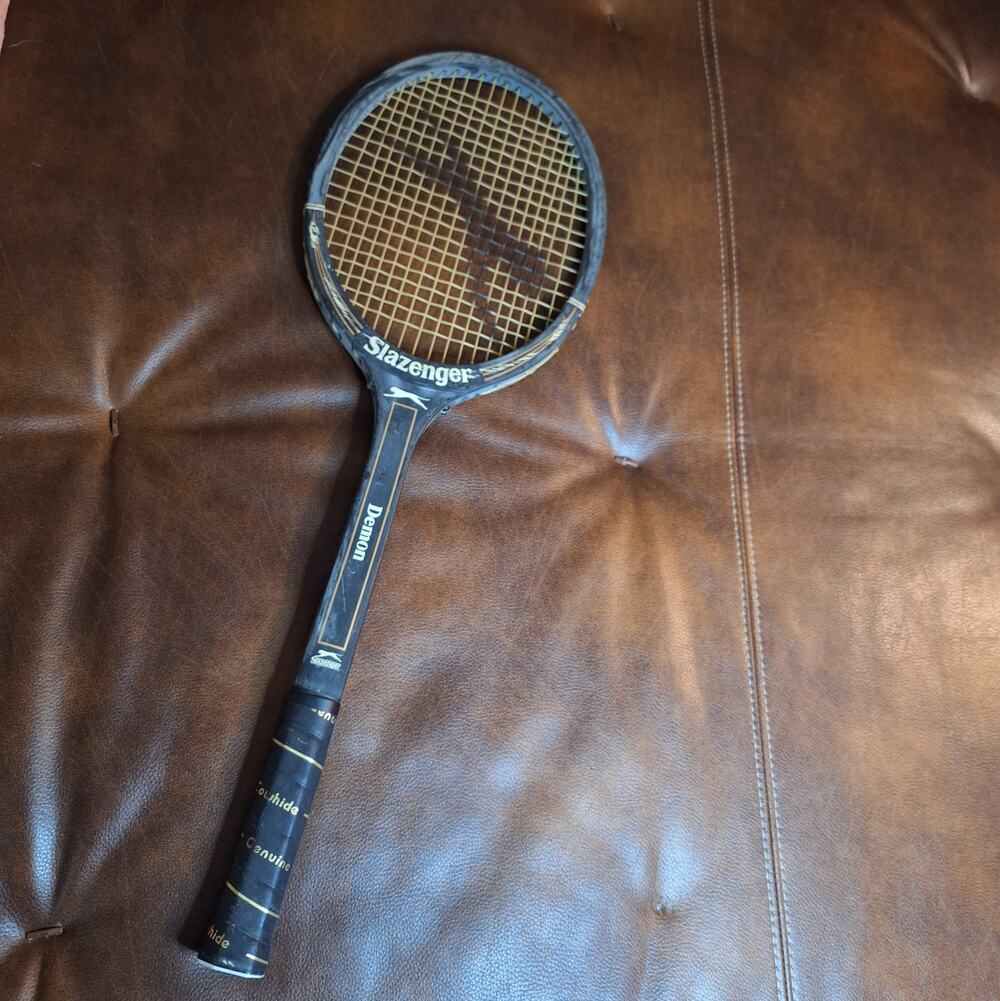 Vintage Slazenger Demon Wood Tennis Racket Genuine Leather Grip Retro Display EX
